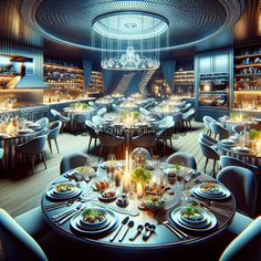 an artistic rendering of a fancy restaurant with many tables set up for dinner and candles on the table