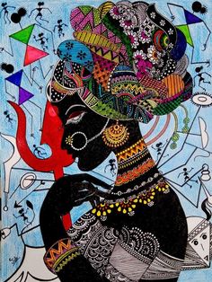 a painting with an african woman wearing a headdress and jewelry on it's face