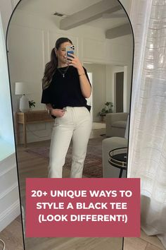 Discover simple and cute black t-shirt outfit ideas that are both aesthetic and effortlessly stylish, perfect for any occasion. Black Blouse Outfit, Black Shirt Outfits, Plain Black T Shirt, Off White Pants, White Jeans Outfit