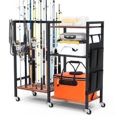 a rack filled with fishing rods and other items on wheels, against a white background