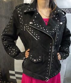 Edgy Party Outerwear With Rivets, Edgy Riveted Outerwear For Parties, Fitted Biker Jacket With Rivets For Party, Edgy Rivet-embellished Outerwear For Parties, Winter Party Biker Jacket With Rivets, Biker Style Jacket With Rivets For Party, Biker Jacket With Rivets For Party, Fall Party Biker Jacket With Rivets, Trendy Party Biker Jacket With Rivets