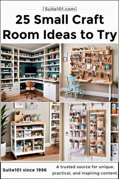 the 25 small craft room ideas to try out for your home decorating project, including shelving and storage