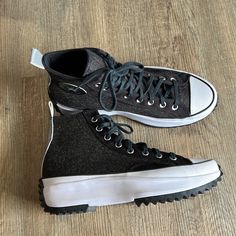 Converse Run Star Hike Hi Grey/Black/White Size Men 10/ Women 11.5 Brand New Without Tags. Never Worn. Excellent Condition, No Flaws No Box Take To The Outdoors With This Hike-Ready Converse Sneaker. Features A Warm Wool Upper With Textile Paneled Detailing And A Rubber Toe Cap. Features A High-Top Silhouette With A Lace-Up Front. Adorned With Logo Patch Accents To The Side. Finished With A Bold And Chunky Rubber Outsole With Contrast Tread Detailing. Content + Care - Wool, Rubber - Spot Clean U Black Sporty Canvas Shoes With Textured Sole, Black High-top Canvas Shoes For Outdoor, Sporty Black Canvas Shoes With Textured Sole, Urban Black High-top Sneakers With Speckled Midsole, Black Canvas Shoes With Vulcanized Sole For Outdoor, Gray Outdoor Sneakers With Vulcanized Sole, Black Ankle-high Sneakers With Speckled Midsole, Converse High-top Black Sneakers With Speckled Midsole, Black Canvas Shoes With Speckled Midsole For Streetwear