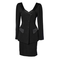 Black wool skirt-suit with black satin details Thierry Mugler | From a unique collection of rare vintage Skirt Suits at https://www.1stdibs.com/fashion/clothing/suits-outfits-ensembles/skirt-suit/. Goth Suits Women, Fatale Aesthetic, Corp Goth, Beige Jumpsuit, Vintage Skirt Suit, Suits Outfits, Fits Ideas, Culture Fashion, Skirt Suits