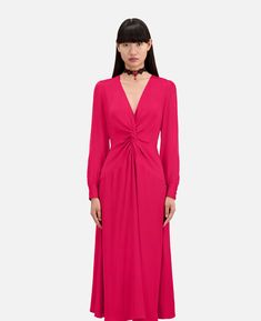 Long red dress with bow | The Kooples - US Elegant Viscose Midi Dress With Gathered Sleeves, V-neck Dress With Gathered Sleeves For Work, Party Dress With Gathered Sleeves And Surplice Neckline, Pink V-neck Dress With Surplice Neckline For Formal Occasions, Pink V-neck Viscose Midi Dress, Elegant V-neck Midi Dress With Gathered Waist, Pink Ruched Dress With Surplice Neckline, Red Evening Dress With Pleated Waist, Evening Red Dress With Pleated Waist