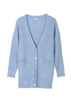 Light blue wool blend cable knitted cardigan with long sleeves and front button down closure. Cardigan is made with very soft, cozy fabric with great stretch. Model is 5' 9" and wearing size small Light Blue Cardigan, Knit Cardigan Pattern, Cable Pattern, Blue Cardigan, Cable Knit Cardigan, Winter Blues, Cardigan Pattern, Knitted Cardigan, Wool Dress