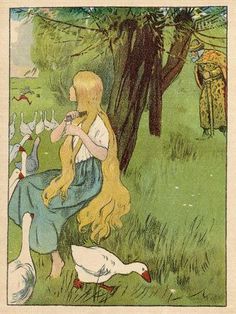 size: 12x9in Art Print: The Goose Girl Combs Her Long Blond Hair by Willy Planck : Artists The Goose Girl, The Twelve Dancing Princesses, Ducks And Geese, Twelve Dancing Princesses, The Goose, Long Blond, Grimm Fairy Tales, Fairytale Illustration