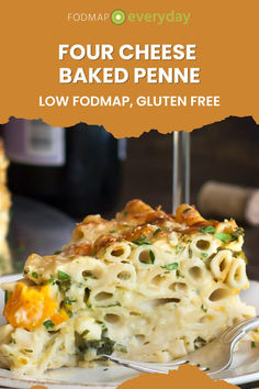 the cover of four cheese baked penne low fodmap, gluten free