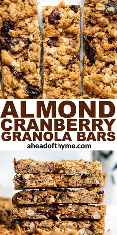 granola bars stacked on top of each other with the words almond and cranberry granola bars