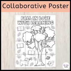 the fall in love with learning poster is displayed on a wooden background and has an orange border