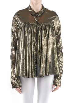 Gold Foil Pleat Back Blouse | Rundholz Designer Gold Top For Formal Occasions, Designer Gold Tops For Formal Occasions, Designer Gold Tops For Workwear, Designer Gold Tops For Work, Designer Gold Blouse For Workwear, Luxury Gold Tops For Evening, Luxury Evening Blouse For Fall, Designer Gold Blouse For Formal Occasions, Luxury Gold Top For Evening