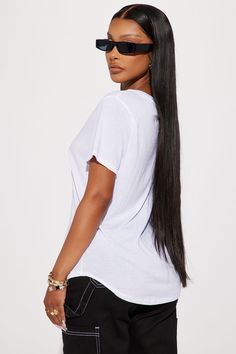 Available In Black, White, Red, Taupe, Navy, Heather Grey, And Fuchsia. Oversized Tee Short Sleeve Scoop Neck Front Pocket Round Hem Stretch 51% Cotton 49% Modal Imported | Tessa Oversized Tee Shirt in White size Small by Fashion Nova Oversized Tee Shirt, Basic Tops, Oversized Tee, Black White Red, Pocket Tee, White Fashion, Front Pocket, Fashion Nova, Heather Grey