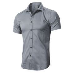 Men's Solid Color Short Sleeve Business Slim Fit Shirt Fitted Collared Gray Shirt, Fitted Gray Collared Shirt, Fitted Short Sleeve Business Tops, Fitted Short Sleeve Tops For Business, Gray Collared Business Tops, Gray Collared Tops For Business, Business Shirt With Short Sleeve And Button Closure, Short Sleeve Business Shirt With Button Closure, Solid Color Short Sleeve Dress Shirt For Business