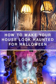 a halloween display with candles and decorations in front of a window that says how to make your house look haunted for halloween