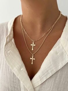 17" Cross pendant measures 1.25 inches Large Cross Necklace, Necklace Tattoo, Trend Jewelry, Stacked Necklaces, Jewelry Accessories Ideas, Gold Cross Necklace, Jewelry Fashion Trends, Fancy Jewelry, Cross Jewelry