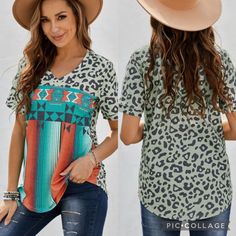 New Without Tags! Leopard Serape Print V Neck T-Shirt Loose Fit Casual Green V-neck Short Sleeve Top, Printed V-neck T-shirt For Vacation, V-neck Graphic Print T-shirt For Vacation, Casual Green Printed Tops, Casual V-neck T-shirt For Vacation, Multicolor V-neck T-shirt For Vacation, Green V-neck Graphic Tee, Green Casual Vacation Tops, Vacation V-neck T-shirt With Graphic Print