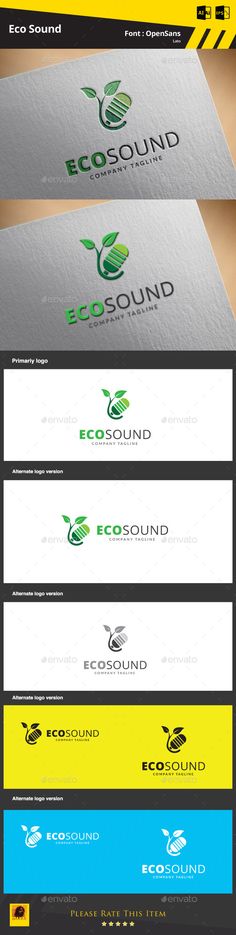 the logo for eco sound is shown in three different colors and font, including green leaves