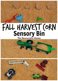 some toys that are in the sand with text overlay reading fall harvest corn sensory bin