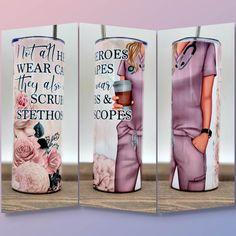 three tall vases with nurses on them sitting next to each other in front of a pink background