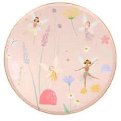 a pink plate with flowers and tinkerbells painted on the side, sitting in front of a white background