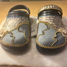 Embellished Crocs With Dior Design Leather, Crystal Stones And Daisy Charms With Pearls New With Tags Size Women 8 Embellished Crocs, Navy Blue Crocs, Bling Crocs, Blue Crocs, Daisy Charm, Women's Crocs, Pink Bling, Croc Charms, Crystal Stones