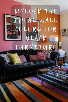 a living room filled with furniture and colorful wall art above a black couch in front of a coffee table