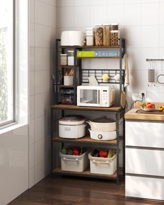 a kitchen area with a microwave and various containers