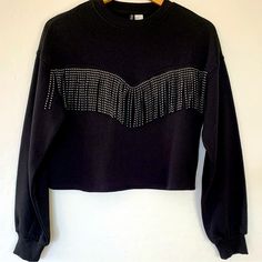 Nwt H&M Black Studded Fringe Sweatshirt Size: Xs Excellent Condition Wear With Jeans, Skirt, Shorts & You Are Ready To Party! Silver Top For Winter Night Out, Silver Tops For Winter Night Out, Trendy H&m Tops For Night Out, Trendy Silver Tops For Winter, Silver Crew Neck Top For Fall, Trendy H&m Party Tops, H&m Tops For Night Out In Fall, Fringe Sweatshirt, Skirt Shorts