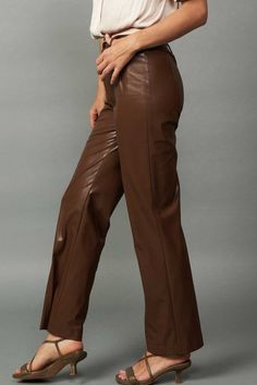 Faux leather straight leg pants. Available in chocolate brown. 55% Polyester, 45% Polyurethane Faux Leather Straight Leg Pants, Jumpsuit Jacket, Faux Leather Pants, Hat Shop, Staple Pieces, Chocolate Brown, Straight Leg Pants, Quality Clothing, Set Dress