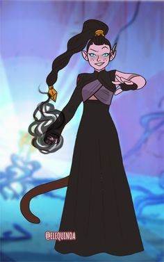 a cartoon character with an evil look on her face and long hair, wearing a black dress