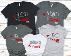 three shirts with the words, flight crew and boy on them