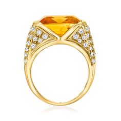 Ross-Simons - C. 1980 Vintage 6.00ct Citrine Ring, 1.20ct t. w. Diamonds. Size 5.5. C. 1980. Warm up your wardrobe with this scintillating Estate collection treasure! Our ultra-unique ring features a stunning 6.00 carat emerald-cut citrine that shines bright from an east-west arrangement that highlights every facet of this ample honey hued gem. Finely crafted in polished 18kt yellow gold and iced at each side with 1.20 ct. t. w. round brilliant-cut diamonds. 3/8" wide. Diamond and citrine ring. Luxury Yellow Gold Gia Certified Gemstones, Luxury Yellow Sapphire Ring, Luxury Gia Certified Yellow Gold Gemstones, Luxury Topaz Ring With Brilliant Cut For Formal Occasions, Luxury Yellow Gold Gia-certified Sapphire Ring, Formal Diamond Pave Set Topaz Ring, Formal Topaz Ring With Pave Diamond Setting, Formal Topaz Ring With Diamond Pave Setting, Luxury Gia Certified Yellow Gold Sapphire Ring