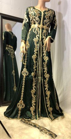 Arabic bridal dresses are presented with golden embroidered work of zardozi & threads. You can order Arabic bridal dresses in USA with fast delivery Gold Dabka Dress For Reception, Gold Dabka Reception Dress, Floor-length Gown With Gold Embroidery For Traditional Ceremonies, Floor-length Gown With Gold Embroidery For Ceremonies, Floor-length Green Embroidered Fabric, Green Intricate Embroidered Floor-length Fabric, Green Intricate Embroidery Floor-length Fabric, Green Floor-length Embroidered Wedding Fabric, Green Floor-length Embroidered Fabric For Wedding