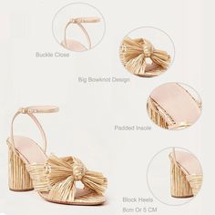 Upper Material: Silk Outsole Material: Rubber Lining Material: PU Insole Material: PU Heel Height: High (5cm-8cm) Gold Low Heel Summer Heels, Gold Low Heel Sandals For Summer, Gold Low Heel Slingback Sandals For Summer, Elegant Low Heel Block Heels For Beach, Gold Low Heel Beach Heels, Gold Low Heel Synthetic Sandals, Gold Block Heel Wedge Sandals For Evening, Summer Party Low Heel Wedge Sandals, Summer Party Wedge Sandals With Low Heel