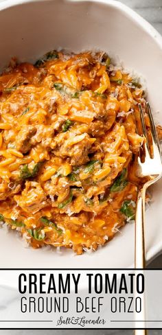 a bowl of orzo with a fork and text overlay that reads creamy tomato ground beef orzo Ground Beef And Orzo, Beef And Orzo, Beef Orzo, Tomato Cream Sauce, Orzo Recipes, Avocado Dip, One Pot Dinners, Health Dinner, Läcker Mat