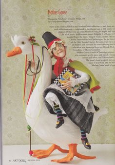 an image of a woman riding on the back of a goose that is holding a book