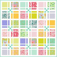 a quilt pattern with squares and flowers on it, all in pastel green and pink