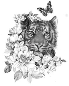 a tiger surrounded by flowers with a butterfly flying over it's head in the background