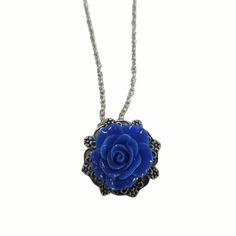 This Victorian style rose necklace is a adorable! Come in assorted color choices, made on a stainless steel non tarnish chain. A colorful 3D rose is set in a filigree setting with a silver chain measuring 16 inches with a 3 inch extender and lobster clasp for adjusting size. Comes in gift box with artist card Blue Rose Jewelry, Blue Rose Necklace, Royal Blue Necklace, Artist Card, 3d Rose, Rose Necklace, Rose Jewelry, Filigree Design, Bridesmaid Necklace