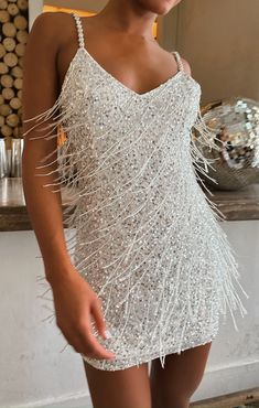 Sparks Fly Mini Dress ~ Silver Beaded Fringe Sparkly Reception Dress, White Bachelorette Party Outfit, Nye Look, White Bachelorette, Bach Weekend, Bachelorette Party Dress, Bachelorette Dress, Micro Mini Dresses, Sparks Fly