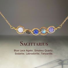 All of our necklaces are handmade and designed by us. We offer high-quality jewelry at a reasonable price in our store.  -Jewelry Description- Our Sagittarius Crystal Necklace is designed for those who love natural crystal jewelry and seek to enhance their energy and style.  Sagittarius, the ninth sign of the zodiac, is known for its adventurous and optimistic nature. Our necklace combines the powerful energies of Blue Lace Agate, Smoky Quartz, Sodalite, Labradorite, and Tanzanite, to promote co Homemade Jewellery, Store Jewelry, Crystal Necklaces, Love Natural, Homemade Jewelry, Blue Lace Agate, Lace Agate, Astrology Signs, Smoky Quartz