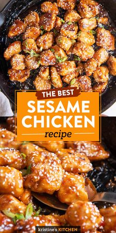 sesame chicken in a skillet with text overlay