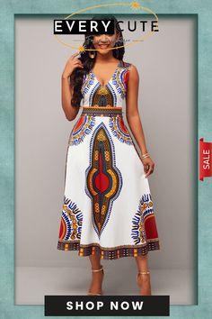 White Dashiki Print V Neck Sleeveless Dress White Printed V-neck Sundress, White Bohemian Sleeveless Dress With Floral Print, Bohemian Multicolor A-line Sleeveless Dress, Multicolor Bohemian A-line Sleeveless Dress, White Printed A-line Sundress, White Printed Sleeveless Sundress, Bohemian Sleeveless Patterned Dress For Spring, Casual Printed Patterned Sleeveless Dress, Casual Patterned Printed Sleeveless Dress