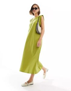 ASOS DESIGN cotton shapeless midi dress with shoulder pads in olive green | ASOS Green Cotton Sleeveless Midi Dress, Green Cotton Midi-length Sleeveless Dress, Green Cotton Midi Length Sleeveless Dress, Olive Sleeveless Midi Dress, Sleeveless Olive Maxi Dress For Spring, Green Sleeveless Maxi Dress For Work, Green Sleeveless Midi Dress For Work, Dress With Shoulder Pads, Formal Dresses Graduation