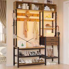 a shoe rack with shoes and other items on it in a living room next to a window