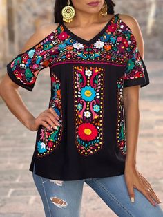 Summer Causal Ethnic V Neck Shirt – Furdela Bohemian Printed V-neck Tops, Colorful V-neck Top For Vacation, Casual V-neck Top With Multicolor Embroidery, Bohemian V-neck Tops With Graphic Print, Summer Boho Print Folk Blouse, Colorful Cotton Tops For Summer, Summer Folk Style Blouse With Boho Print, Summer Folk Blouse With Boho Print, Bohemian V-neck Top With Colorful Pattern