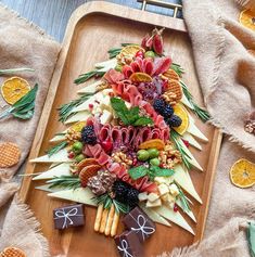 a platter filled with fruit, nuts and chocolates