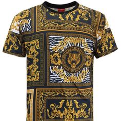 This Male Printed T-Shirt Is Perfect For Casual Wear. Material Is Composed Of A Blend Of Cotton-60% And Polyester-40%. T-Shirt Has Adequate Amount Of Stretch. T-Shirts Can Be Worn With Any Type Of Bottom For A Great Look. Mens Fashion Edgy, Men Shirt Style, Mens Gold, Summer Tshirts, Black And Gold, Gold Black, Neck T Shirt, Print T Shirt, Casual Wear