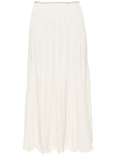 cream white cotton knitted construction ribbed waistband A-line skirt scallop hem below-knee length tulle lining Elegant Long Knit Skirt, Elegant Relaxed Knit Skirt, Elegant Knit Relaxed Skirt, Knit Midi Skirt With Lining, White Pointelle Knit Bottoms, Elegant Beige Knit Skirt, White Voluminous Knee-length Skirt, Scallop Hem, Skirt White