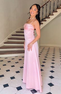 Elegant Pink Prom Dresses, Pink Satin Formal Dress, Pink Classy Dress Elegant, Hoco Dresses Long Tight, Senior Prom Makeup, Pink Matric Dance Dresses, Light Pink Satin Prom Dress, Pastel Pink Formal Dress, Long Pink Dress Casual